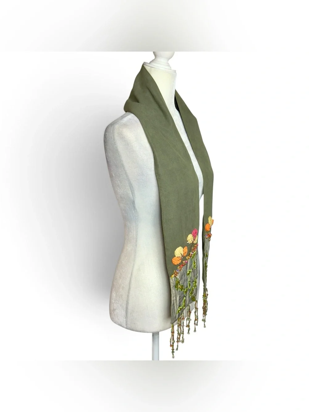 Vintage Mary Frances 100% Silk Beaded Scarf Olive Green Floral Tulip Fringe